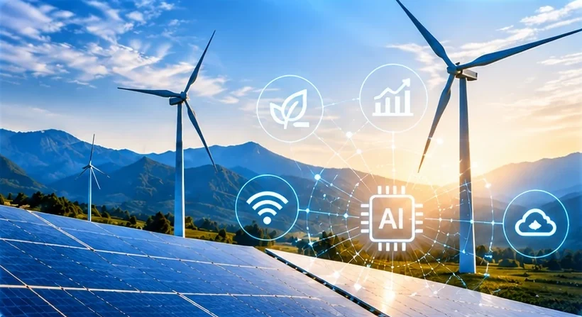 Wind turbines and solar panels in a mountain landscape with connected AI technology icons